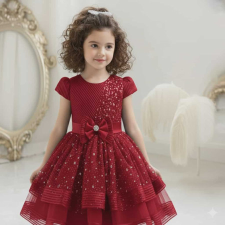 Imported High Quality  Party Dress Princess Flower Girl-Red Color -[PD306]